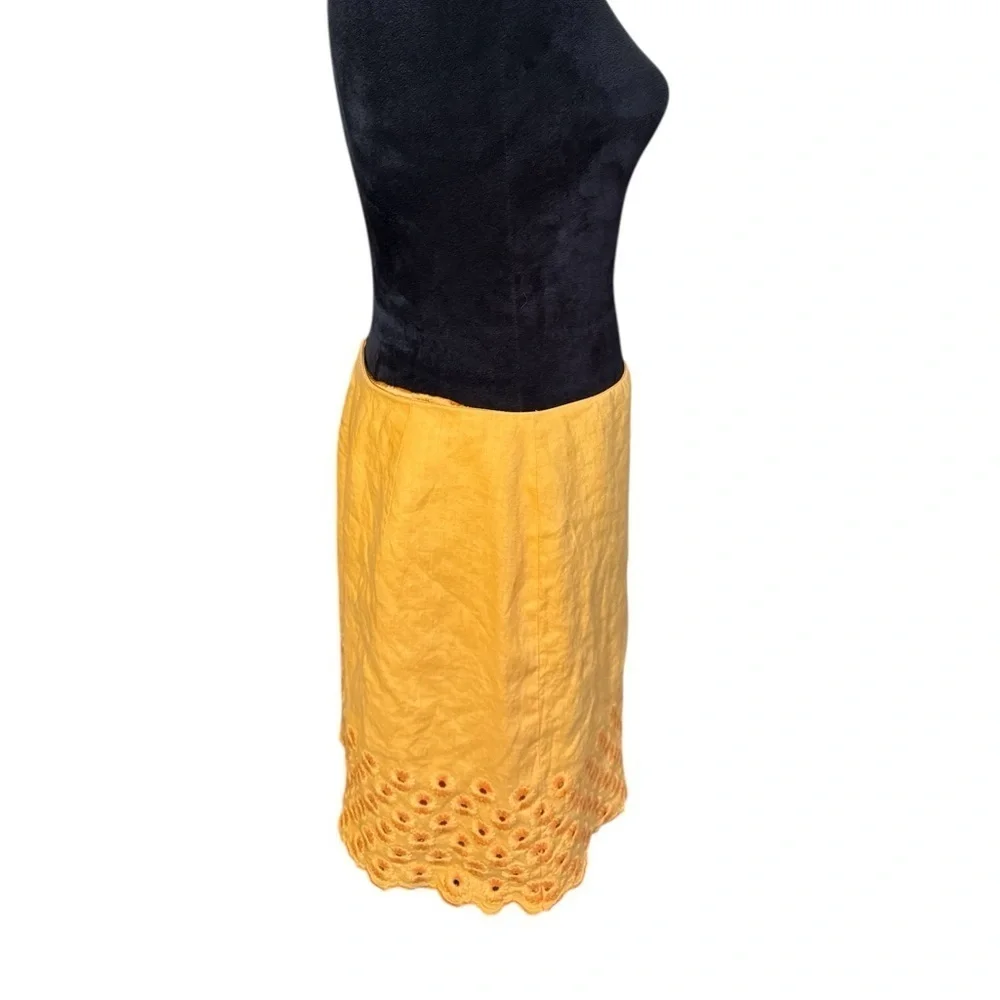 Michael Kors Yellow Linen Skirt Size 10 Eyelet Floral Hem Embroidered